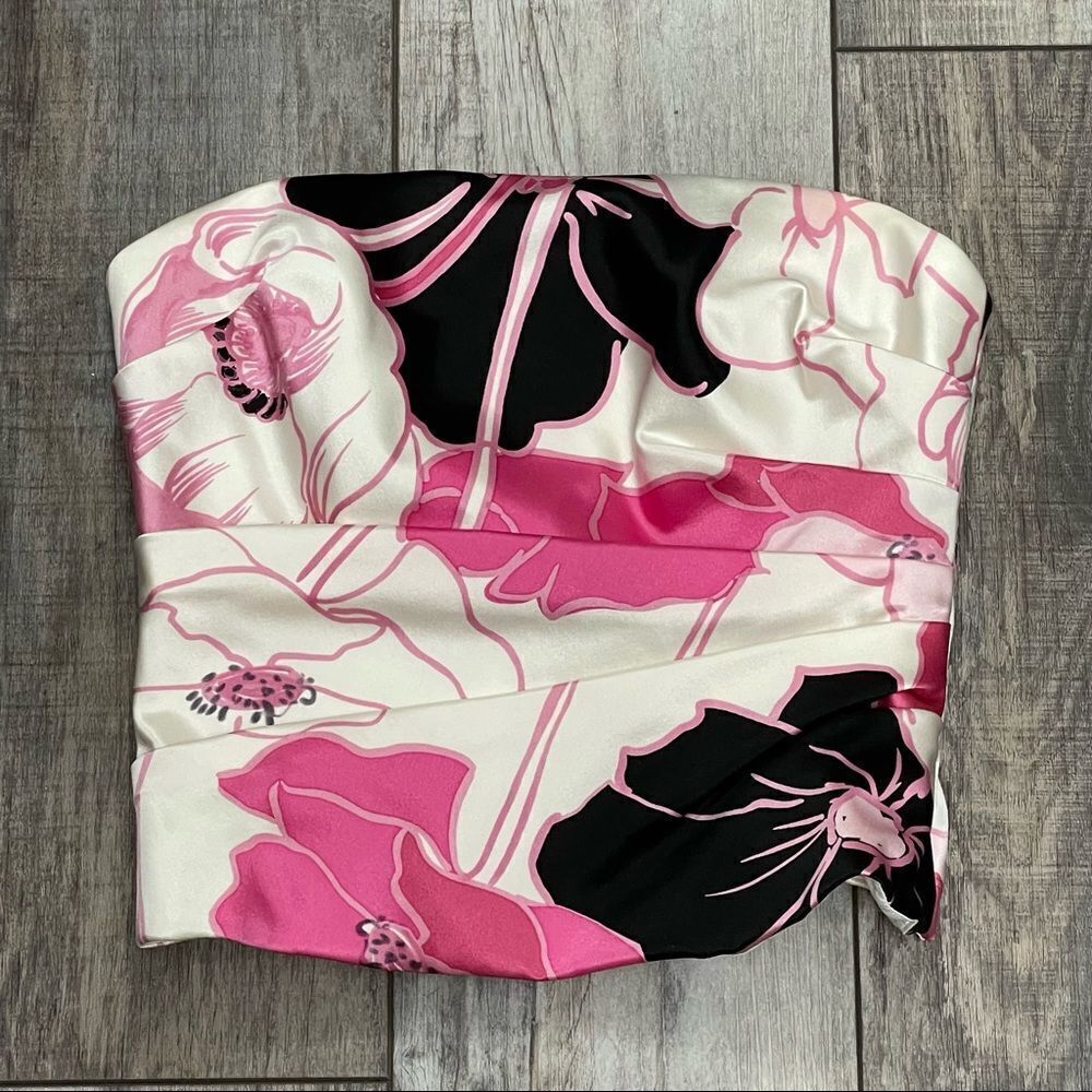 Kay Unger New York Silk Bustier Pink Off-White Black Floral Strapless Top Size 4 - Picture 5 of 16